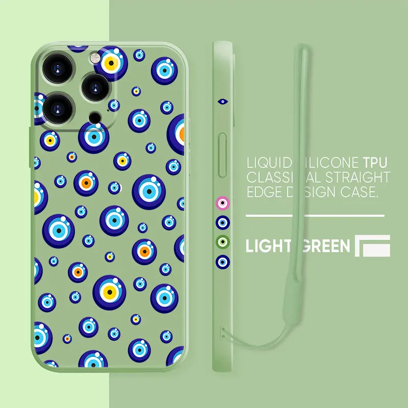 

Evil Eye Nazar Candy Case For iPhone 13 11 12 Por Max 12 Mini X XR XS MAX SE 2020 7 8 6s Plus Silicone Square Liquid Funda Capa