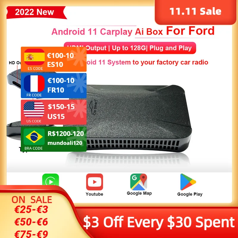 

Wireless CarPlay Ai Box Android 11 Android Auto Youtube Netflix Play for Ford GT Mustang Mach-E Bronco Bronco Sport Evos Maveric