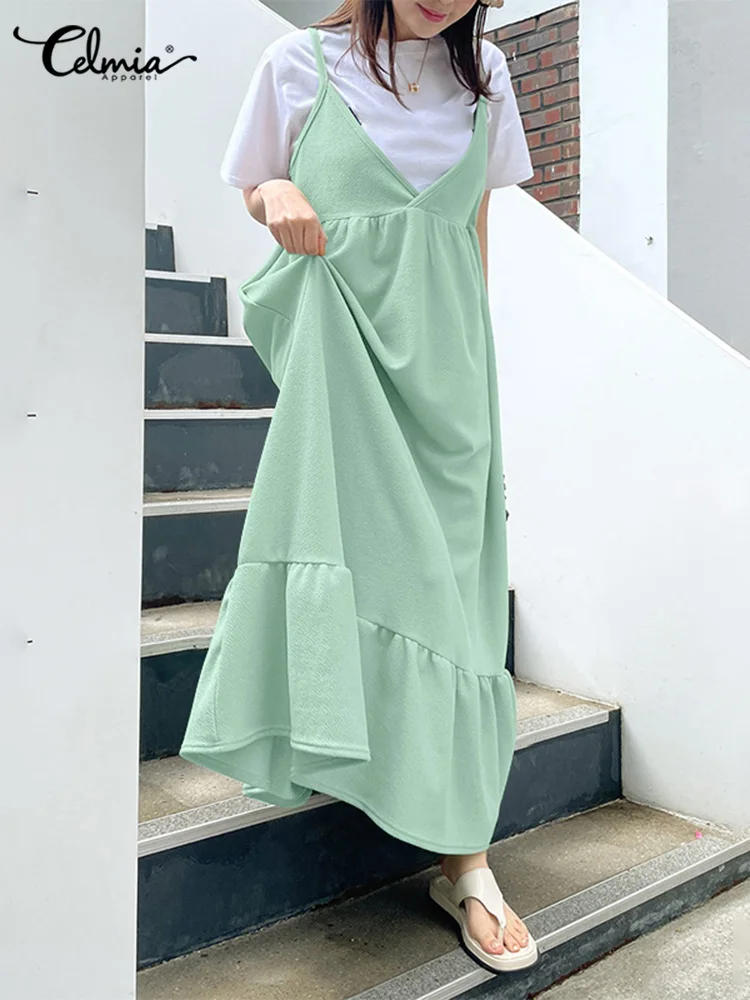 

Fashion Summer Suspenders Dress Celmia Women Casual Deep V Neck Maxi Dresses Stithing Hem All-match Sundress A Line Strap Robe