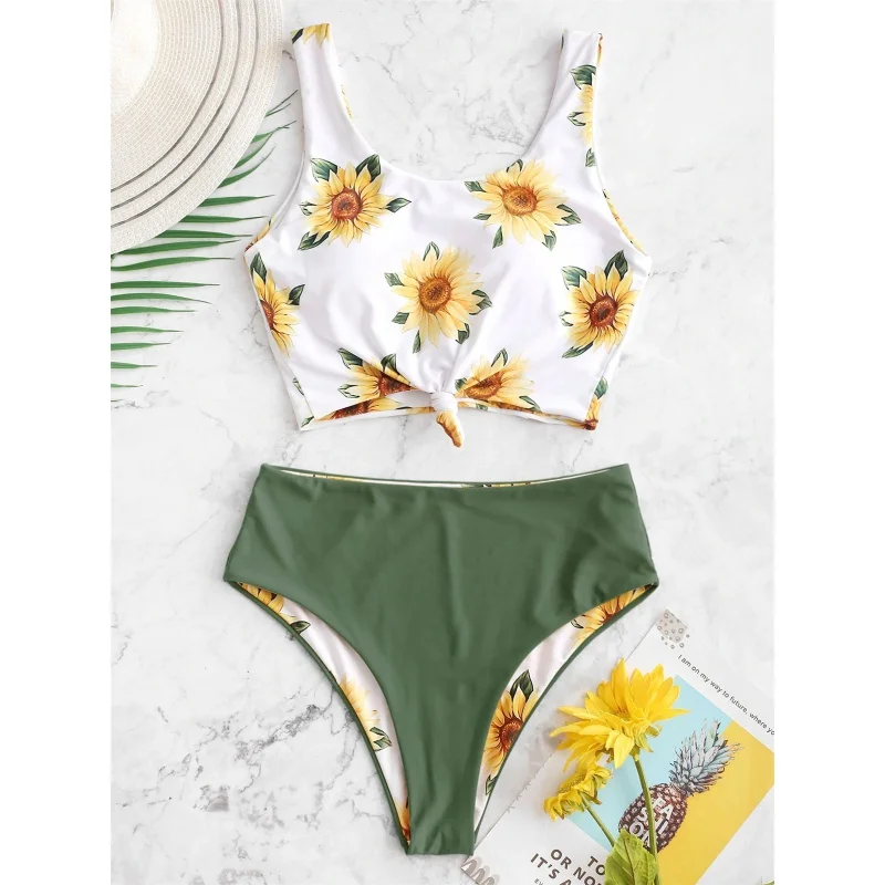 

Комплект бикини с принтом подсолнухов 2023, укороченный топ пуш-ап, двусторонний купальник, женский купальный костюм с завязками спереди, купальник с высокой талией, бикини