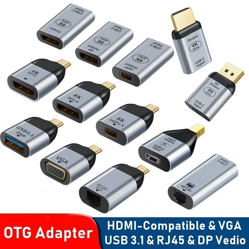 Адаптер USB Type C HDMI-совместимый с USB 3,1/DP/VGA/Mini DP/RJ45 4K/8K 60 Гц