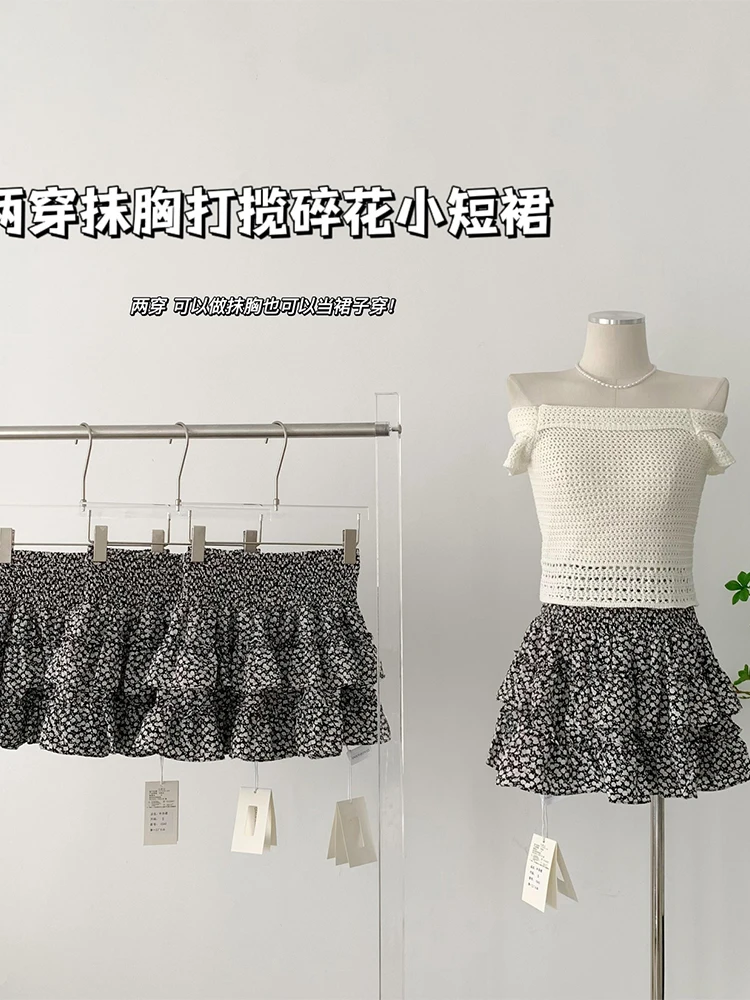 

Summer Mini Pleated Skirts Women Harajuku Beach Y2K Streetwear Vintage Black Floral Print Short Gyaru High Waist A-Line Sweet