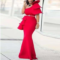 red maxi dress women one shoulder 2022 spring fashion ruffles wave cut backless sexy female elegant evening formal party dresses