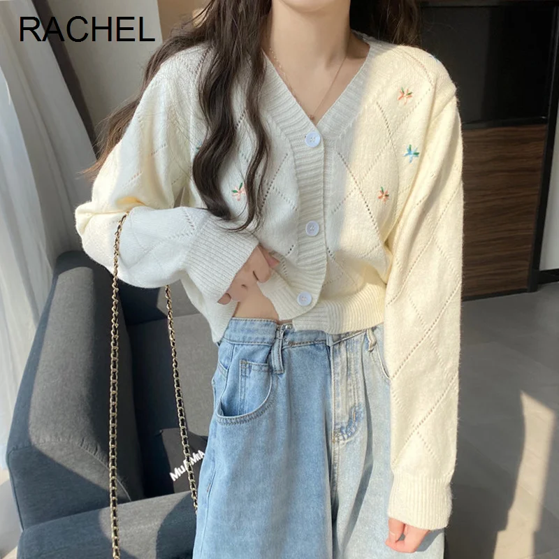 

Вязаный кардиган с V-образным вырезом, женский короткий свитер на весну и осень, тонкое пальто, новинка 2021, Топ с длинным рукавом для ленивых