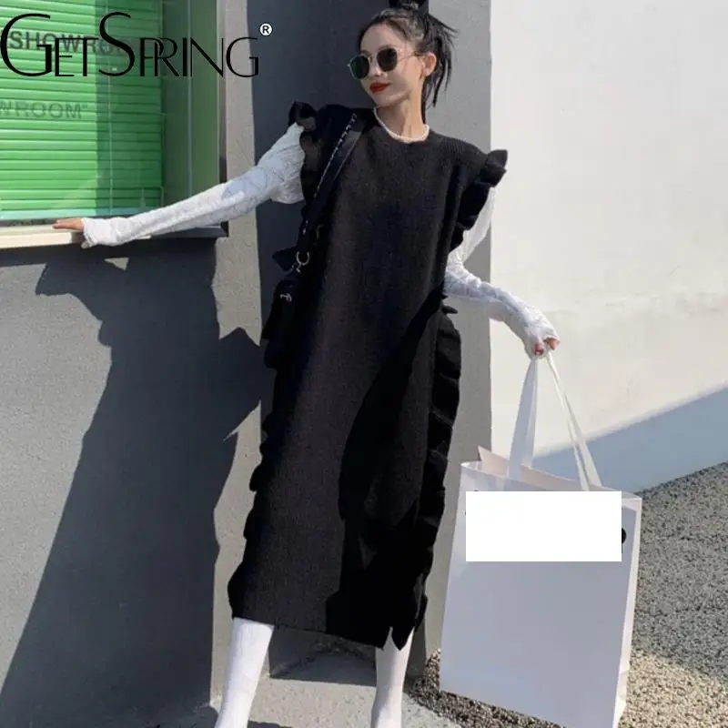 

GetSpring женское платье 2022 Ранняя осень без рукавов съедобное дерево гриб свитер вязаное платье-Жилет Универсальные свободные длинные платья