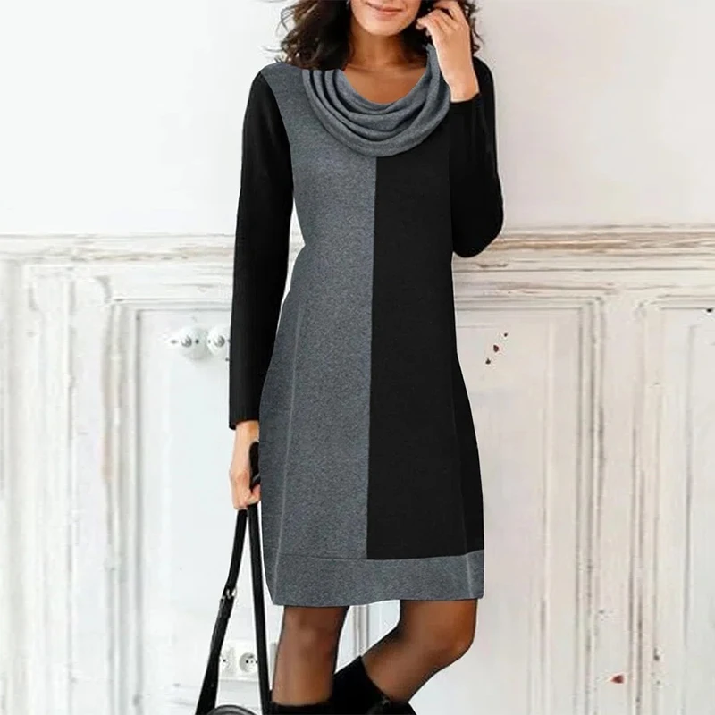 

Vintage Color Contrast Pile Collar Straight Dress Women Solid Patchwork Long Sleeve Office Dress Casual Loose Midi Length Dress