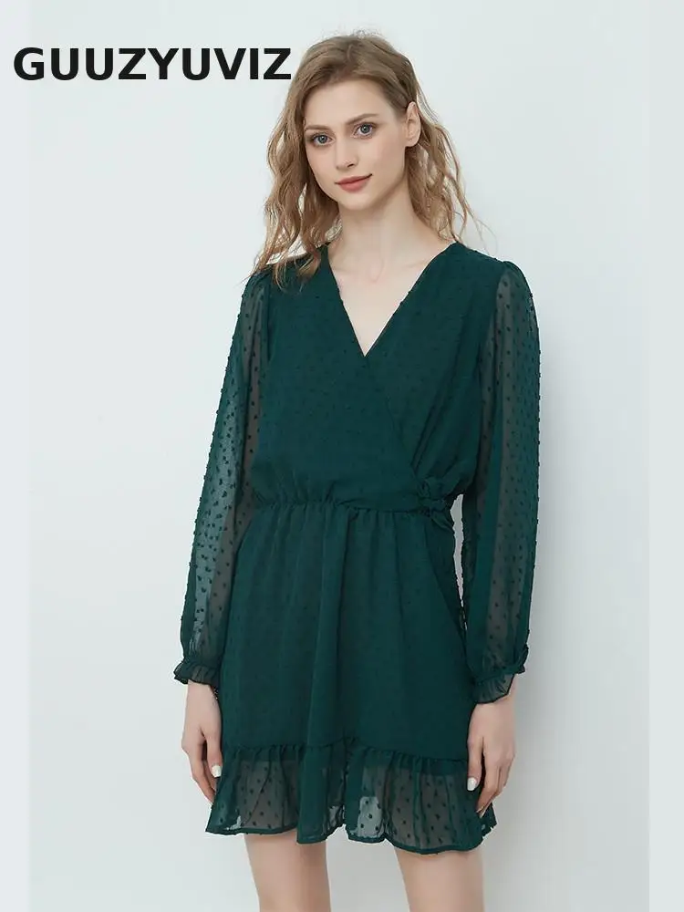 

GUUZYUVIZ Elegant Party Dresses Ruffles Folds V-neck Hollow Out Chiffon Dress 2022 SPring Puff Sleeve Black Short Dress Vestido
