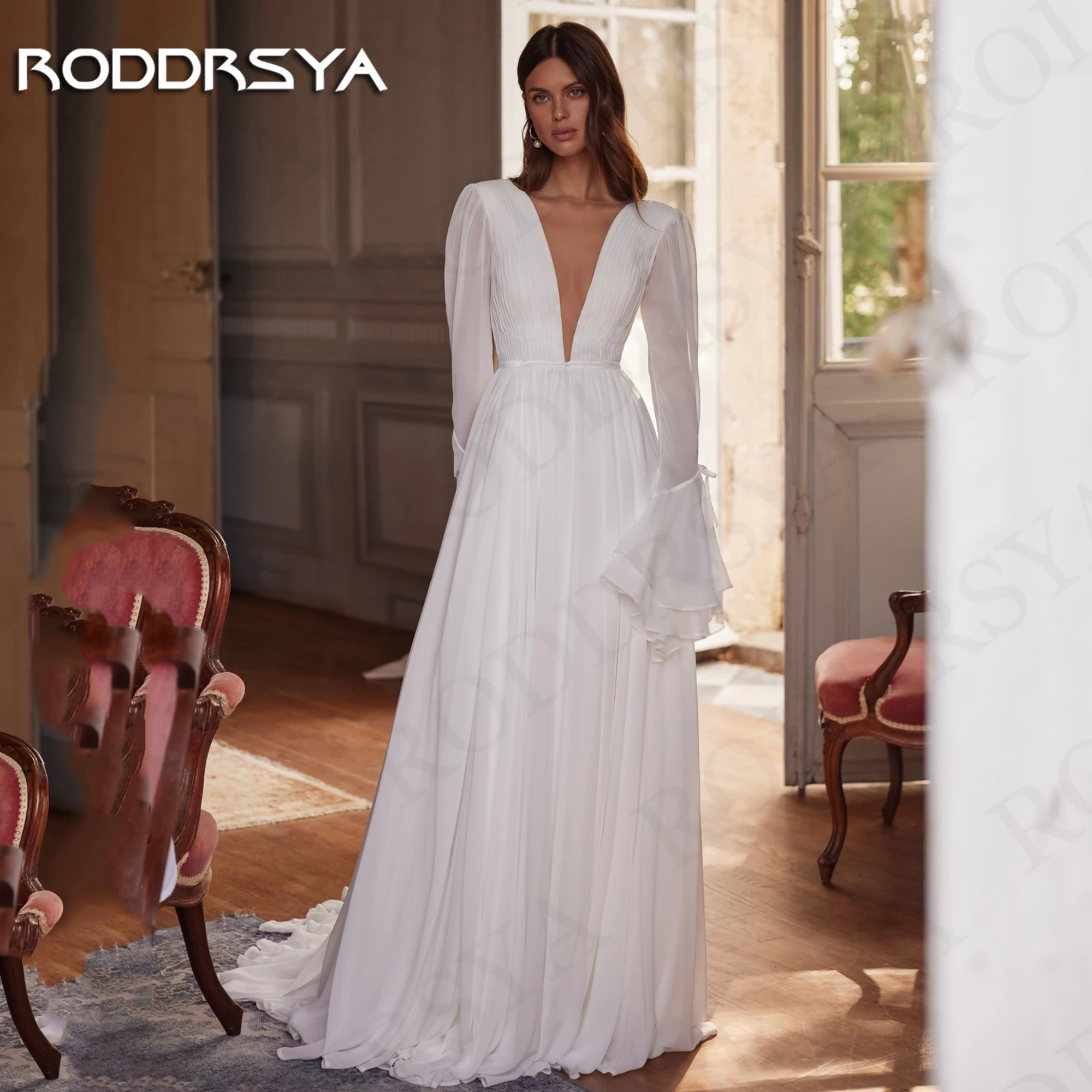Фото Женское шифоновое платье RODDRSYA с длинным рукавом с открытой спиной Женское свадебное платье с длинными рукавами простое шифоновое свадебное №1