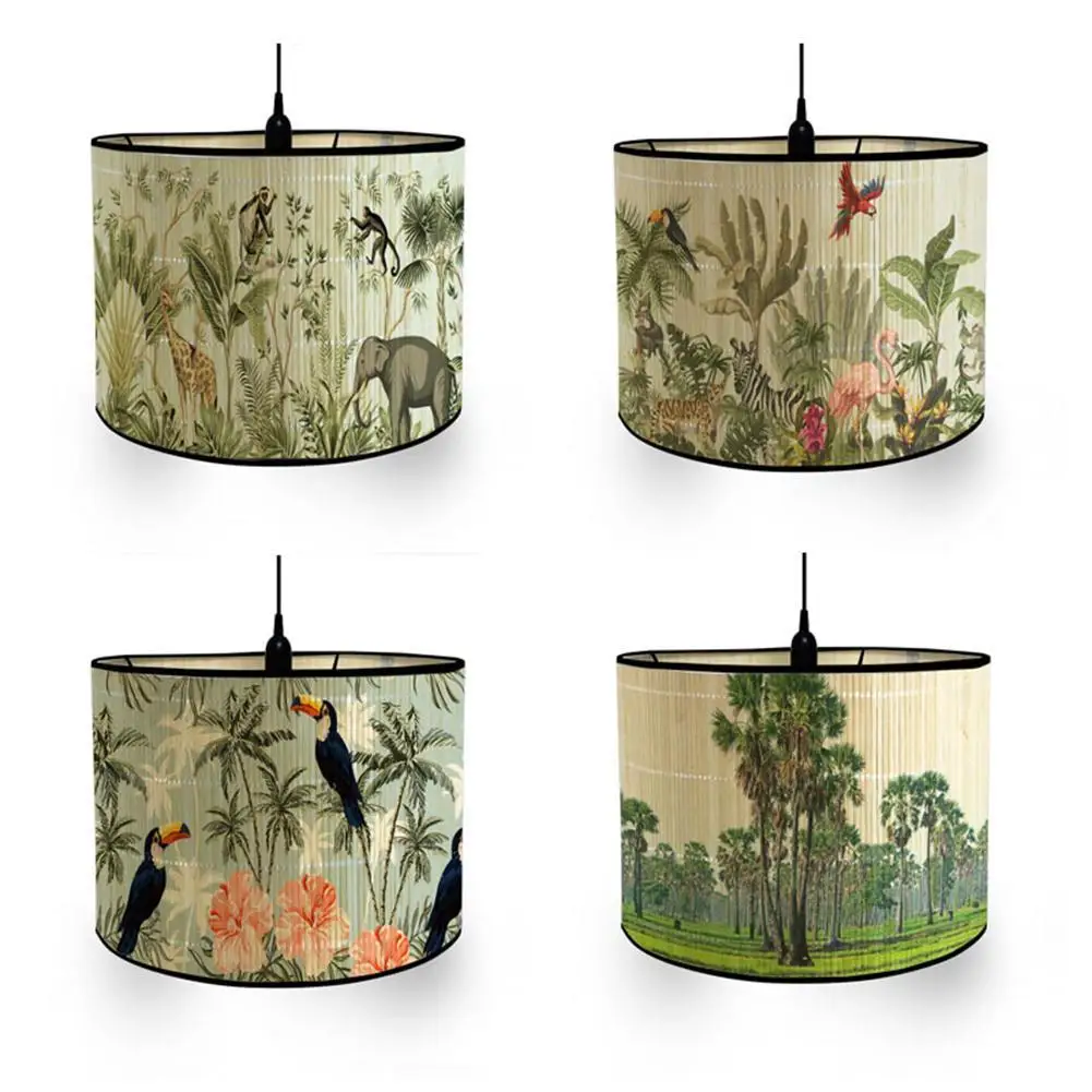 

Foldable Bamboo Lamp Shade Green Plants Pattern Chandelier Lamp Lampshade Light Cover Lamp Shades for Floor Light Table Lamp