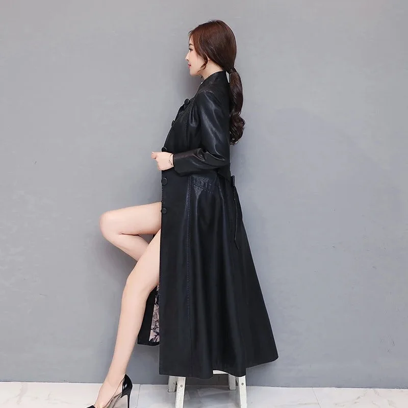 2022 Long St Collar Leather Coat Autumn  Winter Korean Women's Leather Coat X Long  Leather Jacket Women for Elegant Lady Office