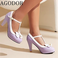 agodor t strap patent leather pumps rockabilly shoes block high heels shoes for women sweet bow lolita shoes for ladies sexy