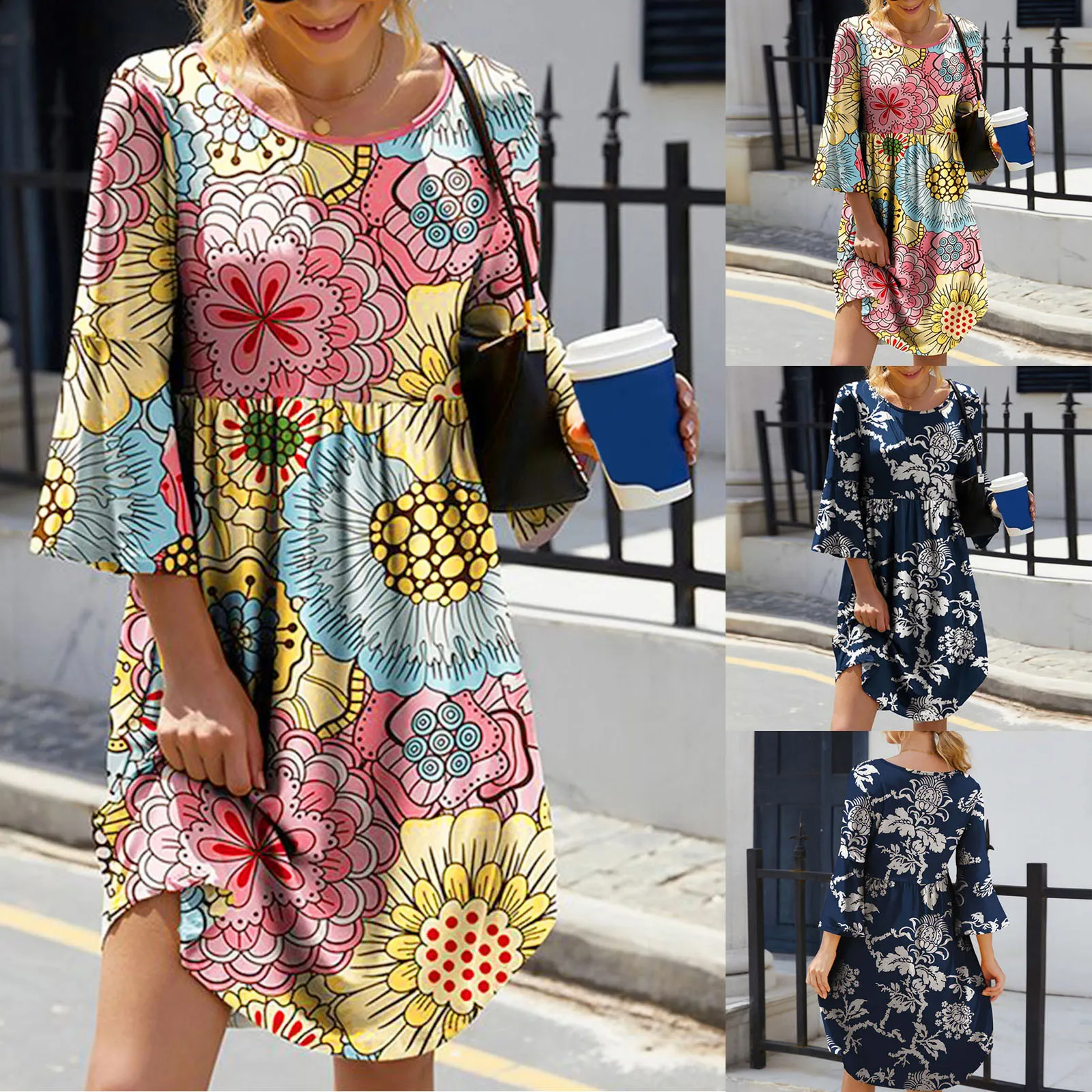 

Women Print O Collar Dresses Casual Crewneck 3/4 Bell Sleeve Loose Tunic Dress Comfy Casual Dresses for Women