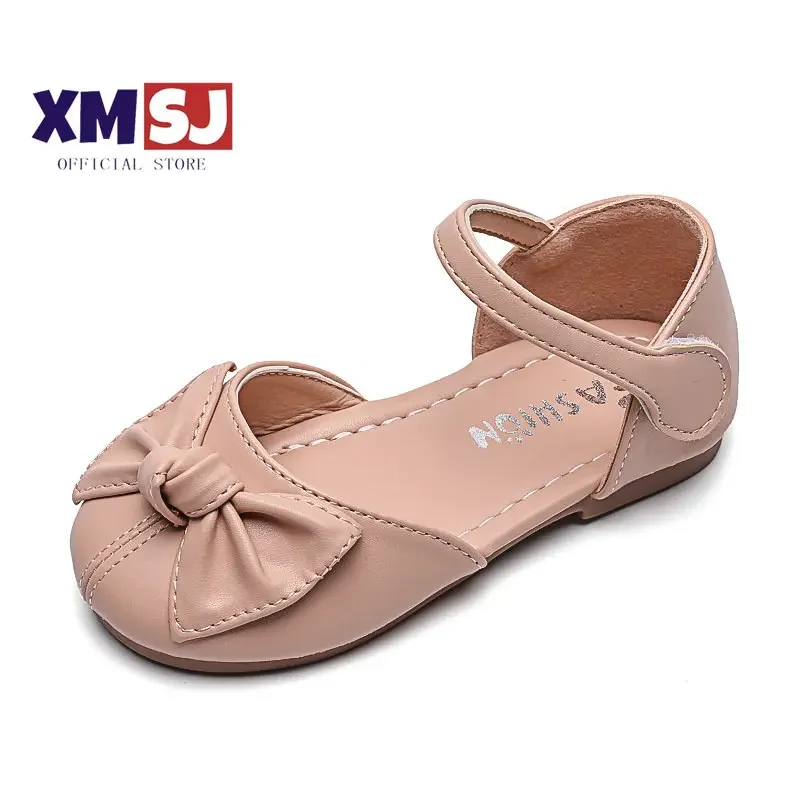 

2023 Spring and Summer Korean Style Girls Covered Toes Princess with Bow Fashion Kid Casual Flat Solid Beige Dress Shoes Shallow