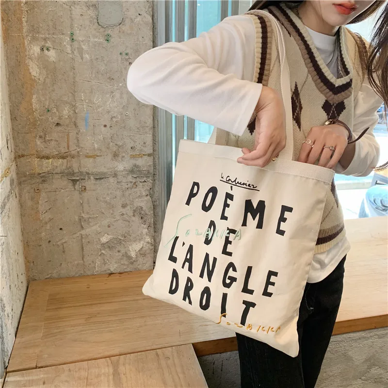 

Women Poeme Canvas Shoulder Shopper Bag Letter Printing Large Korean Cotton Cloth Ladies Handbag Eco Reusable Shopping Bag