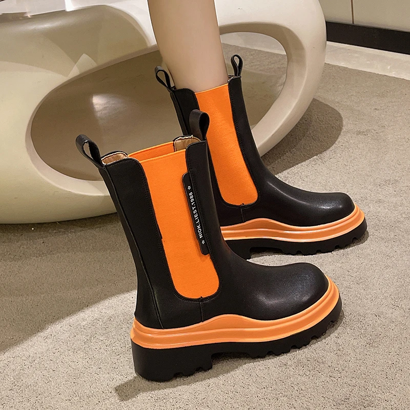 

Women Boots Women's Autumn and Winter British Style Colorblock Ankle Boots Thick Bottom Chimney Chelsea Boots Mid-Calf