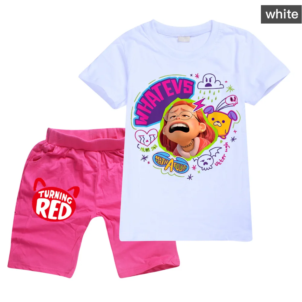 

2022 Turning Red Disney Fashion Girl Cotton Clothes Set + Shorts Summer Kids Sportswear Short Sleeve Baby Clothes 1-15 Years Old