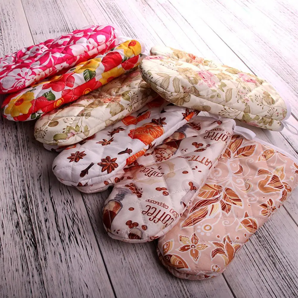 

Dropshipping！1Pc Oven Mitt Soft Texture Heat Resistant Polyester Floral Printed Microwave Glove Baking Accessories