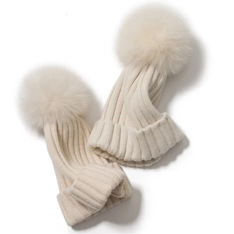 Winter Thick Soft Real 100% Pure Cashmere Knitted Women Hat With Real Fox Fur Pompom