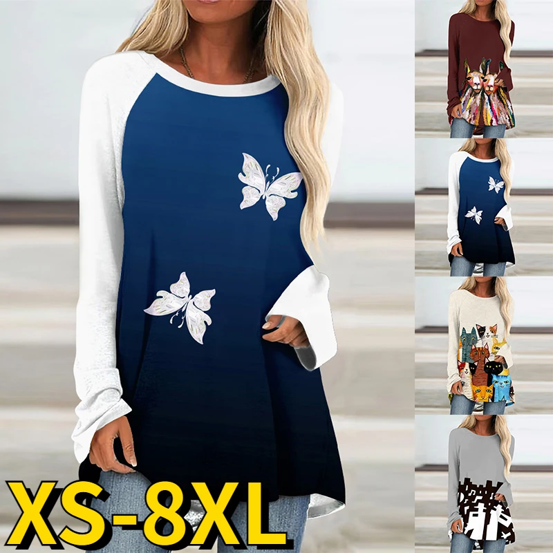 

Женская свободная футболка с принтом бабочки, Повседневный пуловер оверсайз с длинным рукавом и круглым вырезом, осень 2022