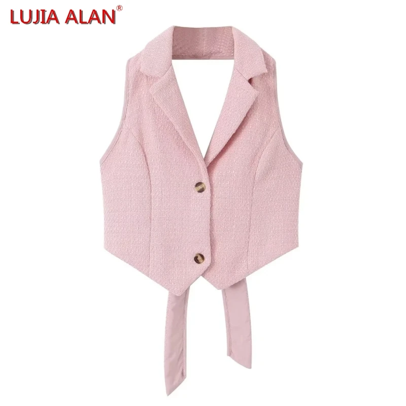 

Autumn New Women Sexy Backless Lace Up Woolen Vest Coat Female Shawl Collar Tops Casual Loose Streetwear LUJIA ALAN C1876