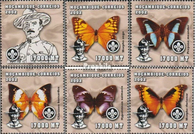 

6 шт./набор, мозамбикская почтовая печать, 2002, бабочка и мальчик разведчик, настоящий оригинал, коллекция хорошего состояния