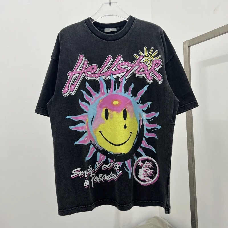 

Nice Washed Sun Smiley Face T Shirt Oversized Men Women High Quality Tops Tee Vintage Short Sleeve T-Shirt