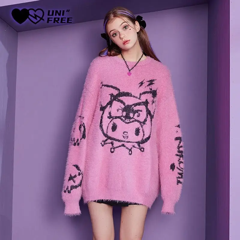 

Cute Cartoon Kuromi Loose Casual Pullover Sweater Kawaii Winter Girls Soft Knitting Tops Anime All-Match Crewneck Sweatshirt