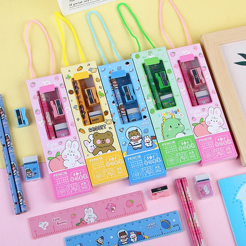 

New kindergarten school start prizes portable stationery set gift box student children's birthday gift stationery five-piece set