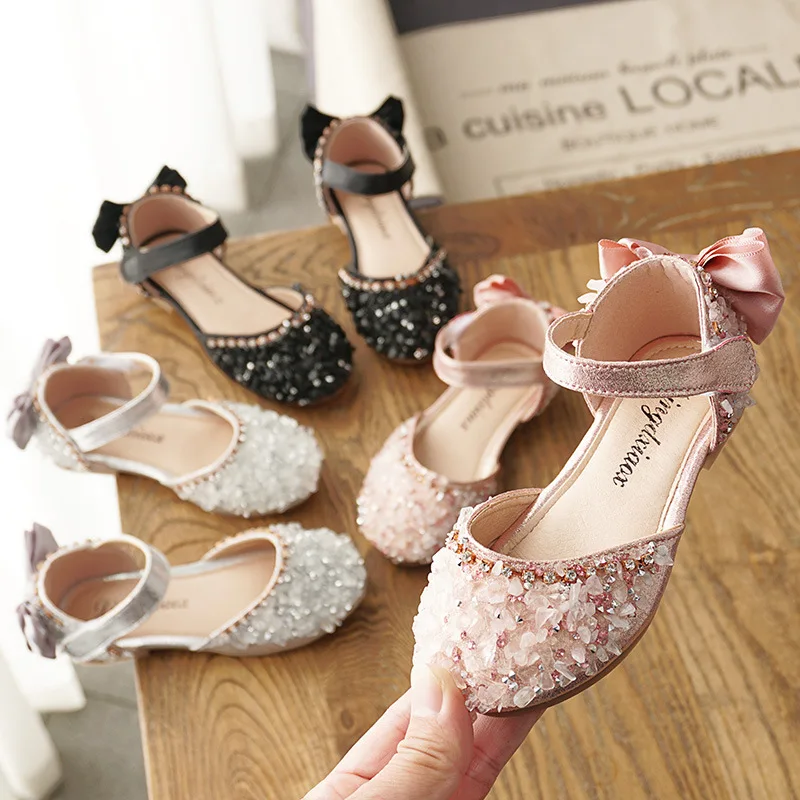 

Autumn Girls Leather Shoes Princess Party Rhinestone Bow Single Shoes Fashion Children Performance Wedding Shoes