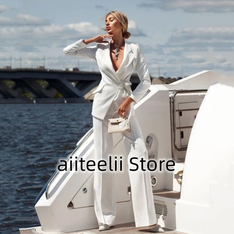 Women's Suit Two-piece Suit Fashion Pure White Handsome Lapel Collar (Jacket + Trousers) With Belt Deep V Suitable for Business