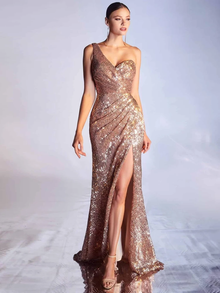 

One Shoulder Mermaid Sequin Prom Dresses Long Trumpet High Split Formal Dress Evening Gown with Train for Women
