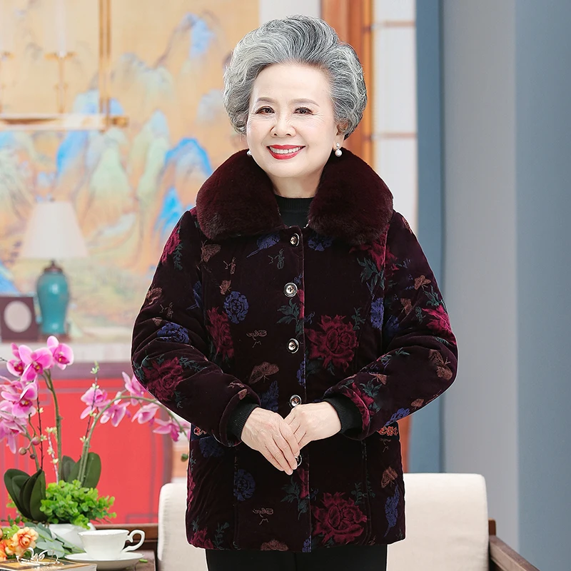 Middle-aged and Elderly Women's Coat Fur Collar Cotton Padded Winter Jackets Single-breasted Plush Thick Warm Overcoat Parkas