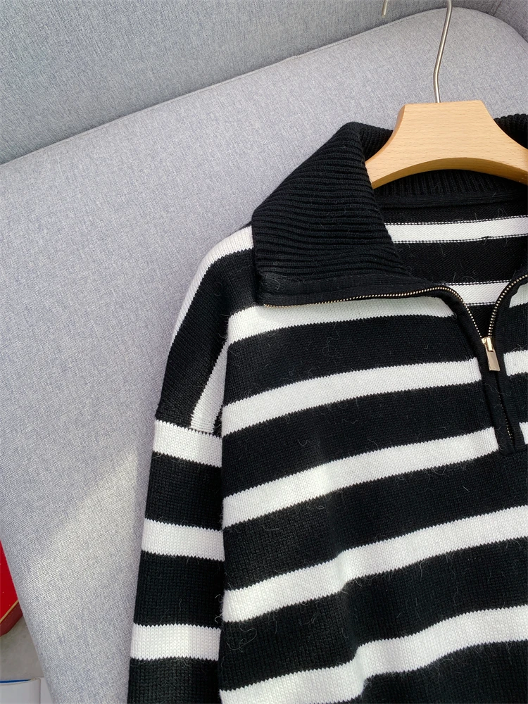 Женский свитер в полоску полумолния свободный крой High Street шикарный модный дизайн