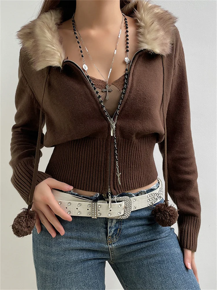 

Street Y2K Vintage Brown Simple Fur Collar Slim Fit Cardigan Gothic Winter Double Zipper Fur Ball Drawstring Warm Jacket T Shirt