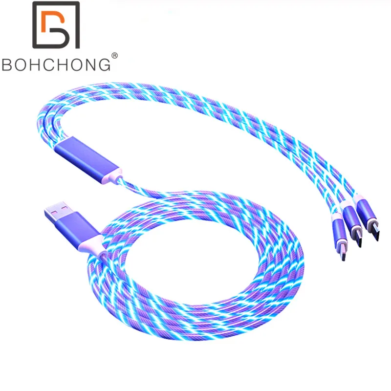 

Intelligent Power-off 1 to 3 Metal Streamer Light Cables for L Micro Type C 3 Ports Fast Charging Light-emitting Data Cable