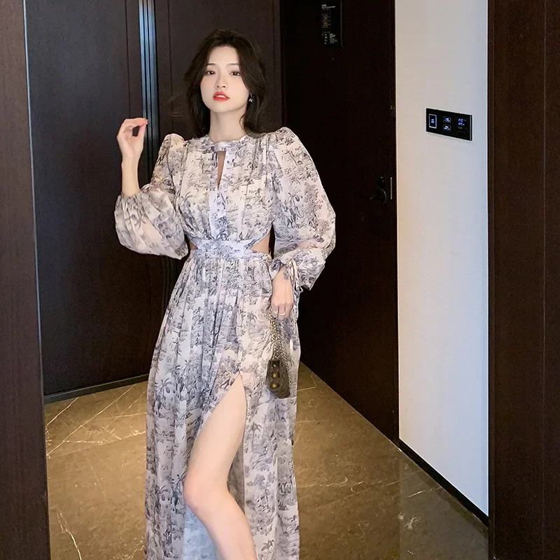 Новинка весны 2023 шифоновое пляжное платье с длинными рукавами для отдыха длинное