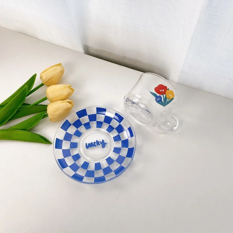

Lucky Blue Coffee Cup Cute Transparent Vintage Ins Style Checkerboard Tulip Glass Breakfast Cup and Plate Milk Cup