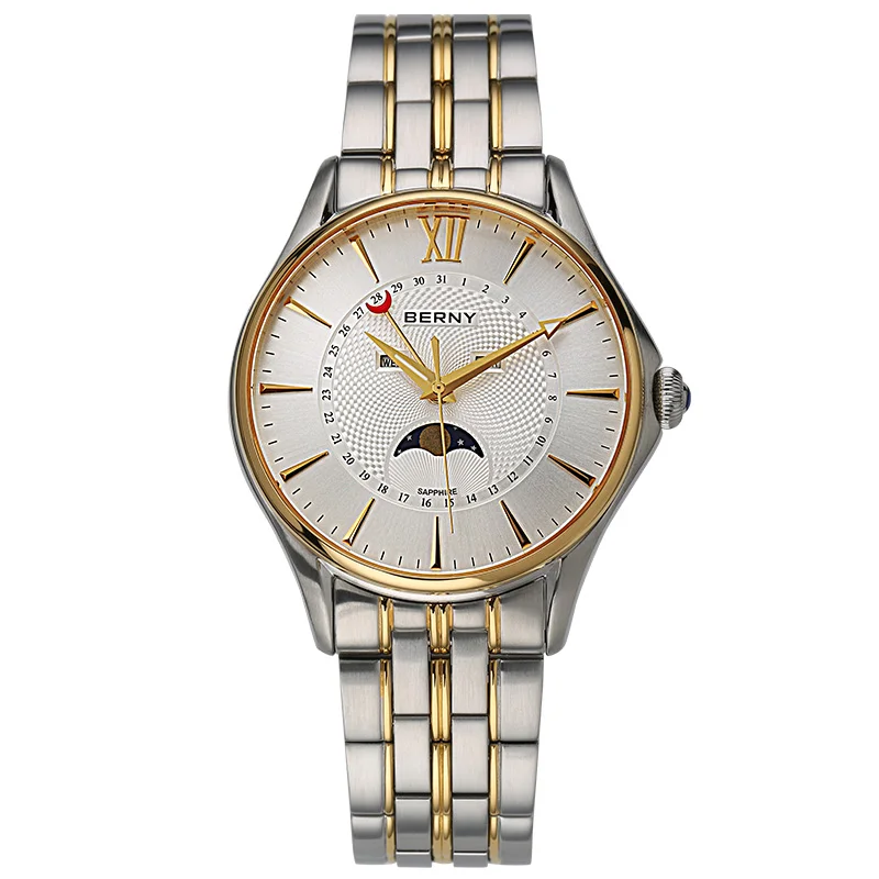 

BERNY Miyota Quartz Luxury Watches for Men 3Bar Waterproof Sports Simple Dial Calendar Stainless Steel Moon Phase Wristwatch