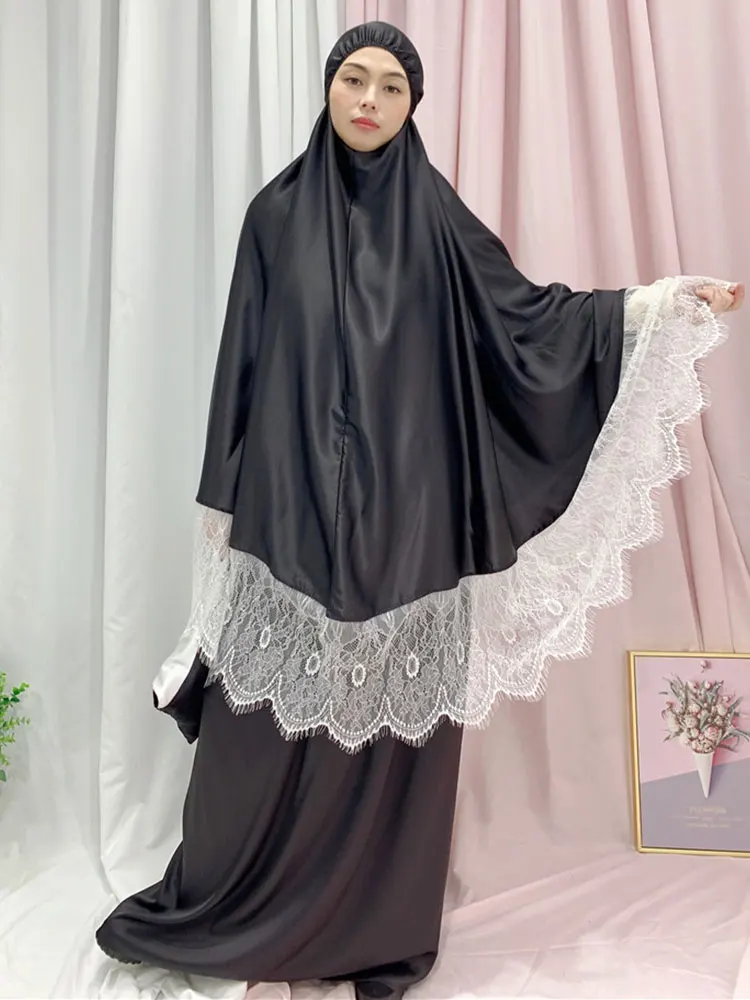 

Ramadan 2Pcs Prayer Abaya Set Jilbab Muslim Women Niqab Lace Trimm Khimar+Long Skirt Islam Dubai Saudi Modesty Black Burqa Suit