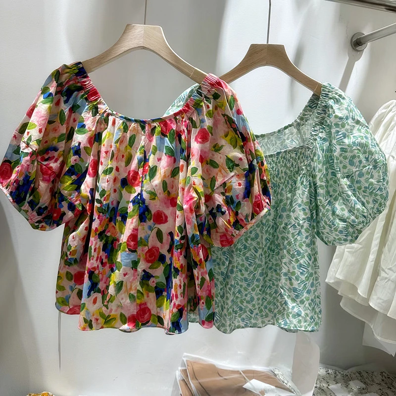 

Summer Cotton Fragmented Square Neck Top Women's T-shirt Fashion Elegant Bubble Mid Sleeve Blouse Boho Leisure Holiday Party Top