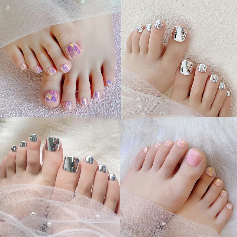 

24pcs Short False Toes Nails 5 Color Full Cover Mirror Shiny Artificial Finger Tips Press On Short Square Nail Art Decorations