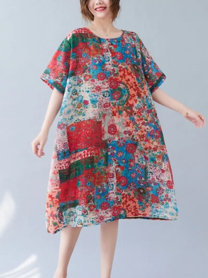 

New Women Casual Loose Dress Women Printing Short-sleeved Summer Dress Ladies O-neck Dress Female Vestidos Elegant Clothing 2022