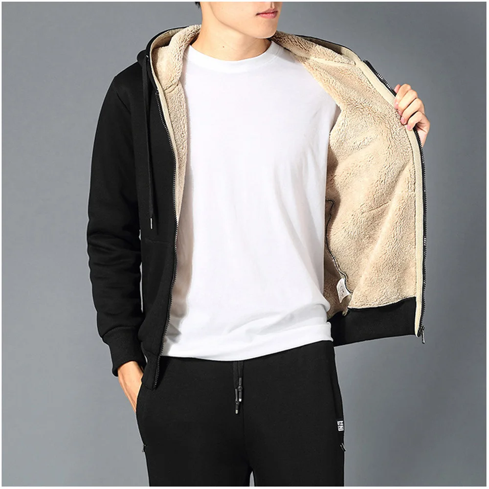 

Thicken Warm Hoodie Winter Hoodies Lambswool Thick Pullover Men Streetwear Sweater Pants Velvet Zipper Jacket Black Zipper Coat
