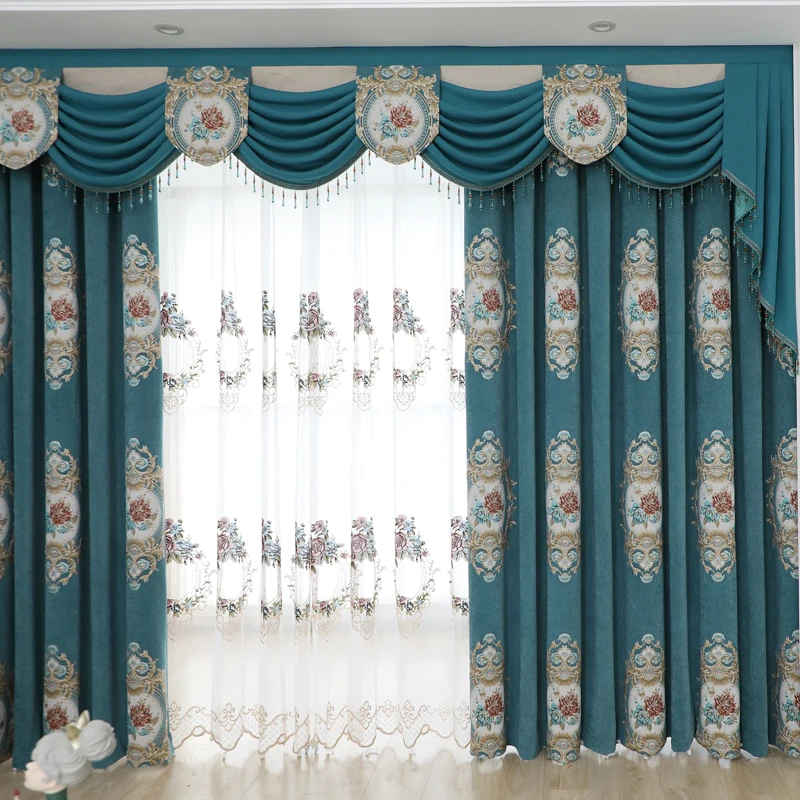 

Custom curtain thick Chenille embossed jacquard living room European blue cloth blackout curtain tulle valance drape C1310