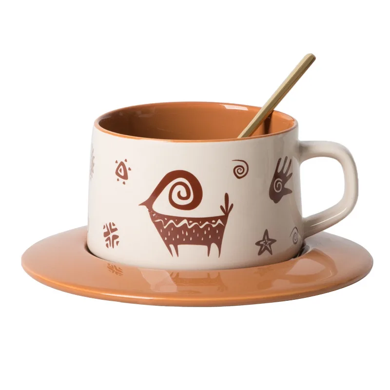 

Ancient Tribal Ethnic Style Vintage Thick Ceramic Coffee Cup and Dish Set Lahua Home Cafe Restaurant