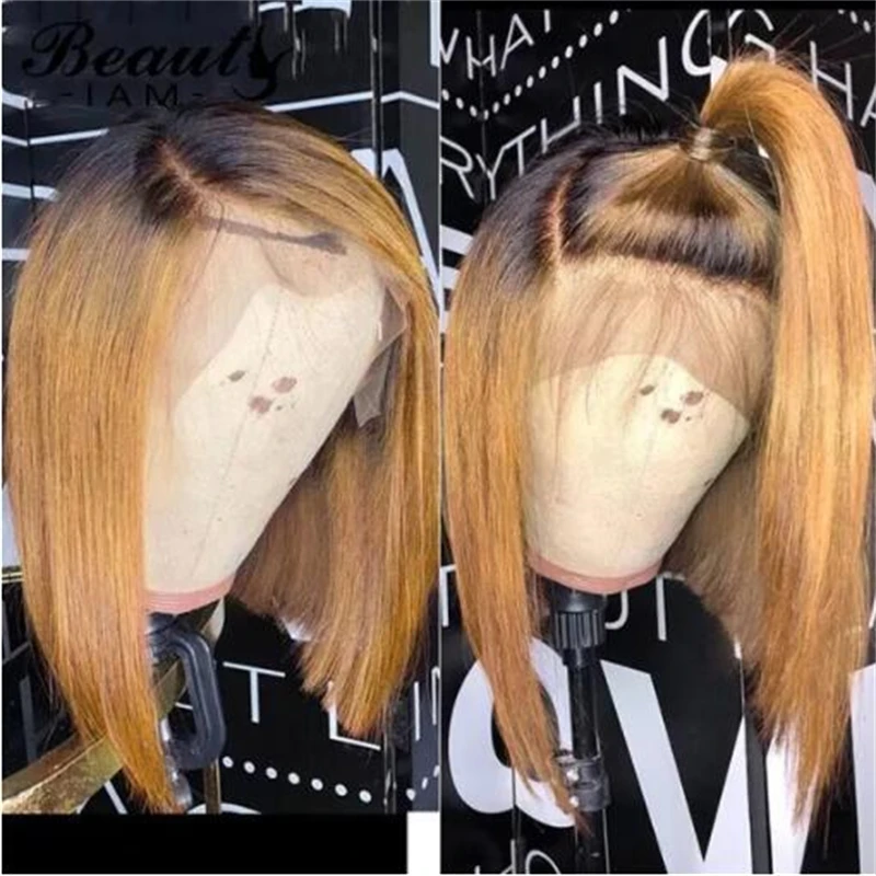

Short Bob Highlight Ombre Honey Blonde Straight PrePlucked Glueless European HumanHair 13*6 Lace Front Wig For Black Women Daily