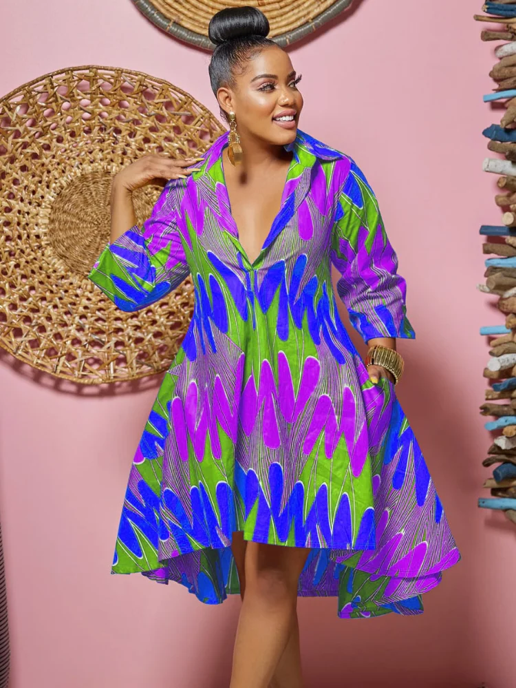 

Женское платье-трапеция с длинным рукавом, геометрическим принтом и отложным воротником