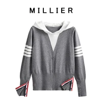 spring and autumn tb mens and womens hooded sweater college style four bar thin long sleeved bottoming pullover sweater