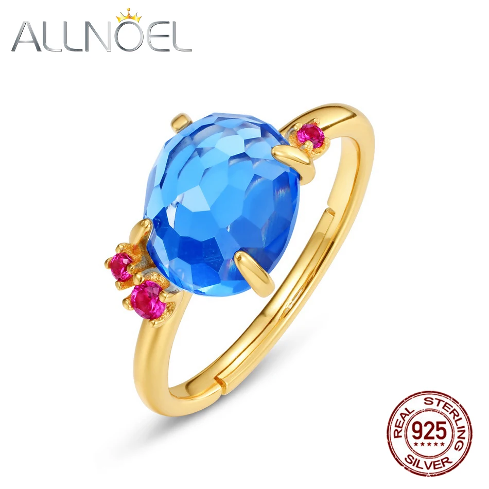 

ALLNOEL 925 Sterling Silver Ring Synthetic Blue Crystal Fashion Design Oval Shape Gold Plating Red Corundum Rings For Women New