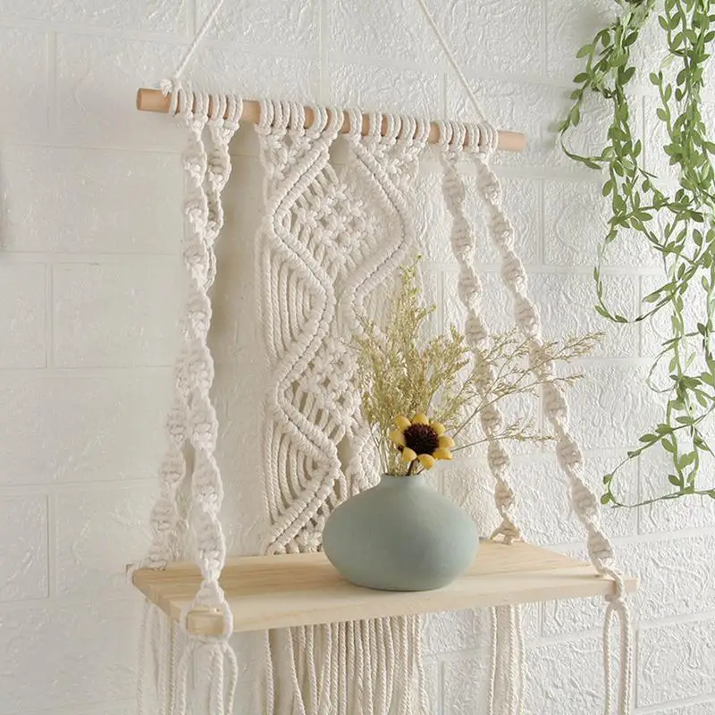 

Macrame Wall Hanging Tapestry With Wooden Shelf Handwoven Bohemia Tassel Curtain Tapestry Wedding Backgrou Boho Decor